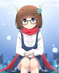 Rule 34 | 1girl, absurdres, antlers, black-framed eyewear, blue dress, blue eyes, blue flower, blunt bangs, blush, brown hair, bubble, center frills, closed mouth, copyright request, dress, flower, frills, glasses, hair flower, hair ornament, hairclip, highres, horns, ikazu401, indie utaite, long hair, long sleeves, own hands together, red scarf, scarf, shirt, sitting, sleeveless, sleeveless dress, sleeves past wrists, smile, solo, underwater, white shirt