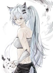 Rule 34 | 1girl, absurdres, animal ears, arknights, bandeau, bare shoulders, black nails, breasts, commentary request, fingerless gloves, gloves, grey eyes, hair between eyes, hair ornament, hairclip, highres, iwano (iwanohiroko), lappland (arknights), long hair, looking at viewer, material growth, medium breasts, midriff, nail polish, oripathy lesion (arknights), scar, scar across eye, scar on face, silver hair, simple background, smile, solo, strapless, tube top, upper body, very long hair, white background, white gloves, wolf ears