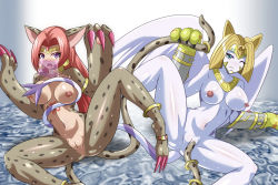 Rule 34 | 2girls, bastemon, bracelet, breasts, cat, cat girl, choker, claws, cleft of venus, digimon, digimon adventure 02, digimon xros wars, earrings, forehead jewel, furry, furry female, gauntlets, heigako, jewelry, large breasts, monster girl, multiple girls, multiple tails, nefertimon, pussy, ringlets, sideways, spread legs, tail, tail grab, two tails, white cat