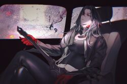 Rule 34 | 1girl, absurdres, aelouses, angell (path to nowhere), belt collar, black hair, black jacket, black leggings, black shirt, blood, blood on hands, blood on neck, breasts, broken glass, car interior, car seat, chinese commentary, collar, commentary, cropped jacket, crossed legs, feet out of frame, forehead, from side, glass, gloves, gradient background, grey hair, highres, holding, holding sword, holding weapon, jacket, leaning back, leggings, looking up, medium breasts, midriff, navel, open clothes, open jacket, parted bangs, path to nowhere, red gloves, shattered, shirt, sitting, solo, sword, toned, torn clothes, torn shirt, weapon, yellow eyes