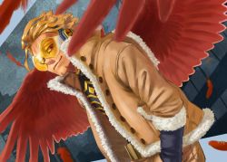 Rule 34 | 1boy, blonde hair, boku no hero academia, commentary request, facial hair, feathered wings, feathers, fur trim, goggles, hands in pockets, hawks (boku no hero academia), headphones, highres, jacket, male focus, red eyes, red feathers, red wings, solo, stubble, tinted eyewear, wings, yellow-tinted eyewear, yomoyama yotabanashi
