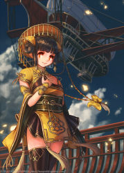 Rule 34 | 1girl, aircraft, airship, bespin, black hair, brown eyes, detached sleeves, fantasy, hair bun, hands on own chest, hat, looking at viewer, md5 mismatch, original, resolution mismatch, single hair bun, smile, solo, source larger, thighhighs, watermark, web address, wind, zettai ryouiki