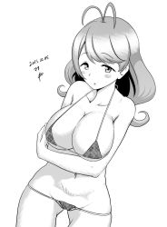 Rule 34 | 1girl, antenna hair, bare shoulders, blush, breasts, cleavage, collarbone, cowboy shot, dated, dutch angle, gluteal fold, greyscale, large breasts, long hair, looking at viewer, misonoo mana, monochrome, murakumo1987, navel, parted lips, signature, simple background, solo, tokyo 7th sisters, white background