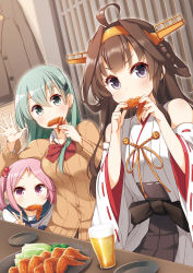 Rule 34 | 3girls, ahoge, alcohol, aqua eyes, aqua hair, beer, blush, breasts, brown hair, chicken (food), commentary request, cup, detached sleeves, double bun, drinking glass, eating, food, food in mouth, grey eyes, hair bobbles, hair bun, hair ornament, hairband, hairclip, headgear, highres, indoors, japanese clothes, kantai collection, kongou (kancolle), long hair, long sleeves, looking at viewer, multiple girls, nontraditional miko, pink eyes, pink hair, plate, ribbon-trimmed sleeves, ribbon trim, sazanami (kancolle), school uniform, serafuku, short hair, suzuya (kancolle), twintails, v, vegetable, yume no owari