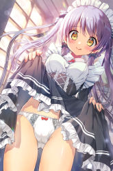 Rule 34 | 1girl, :p, black skirt, blush, bow, bow panties, breasts, brown eyes, clothes lift, flashing, gluteal fold, highres, indoors, lifted by self, long hair, maid, maid headdress, medium breasts, original, panties, purple hair, ribbon, shindoi akio, shirt, skirt, skirt lift, smile, solo, thighs, tongue, tongue out, twintails, underwear, white panties, white shirt, window