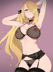Rule 34 | 1girl, absurdres, arms up, black choker, black garter belt, black panties, black thighhighs, blonde hair, blush, breasts, choker, closed mouth, covered erect nipples, creatures (company), cynthia (pokemon), doruka, female pubic hair, game freak, garter belt, grey eyes, hair ornament, hair over one eye, highres, large breasts, long hair, mismatched pubic hair, navel, nintendo, nipples, panties, pokemon, pokemon dppt, pubic hair, see-through bra, see-through panties, solo, stomach, thighhighs, underwear, very long hair