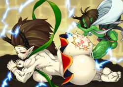 Rule 34 | 1boy, 1girl, anus, arched back, ass, barefoot, breast beam, breasts, brown hair, censored, clenched teeth, closed eyes, colored skin, couple, electricity, eyeshadow, feet, from behind, fuujin (oboro muramasa), giant, giantess, green skin, height difference, hetero, hikimayu, horns, huge ass, huge breasts, huge penis, jinroku, lightning, long hair, lying, makeup, mini person, miniboy, monster girl, muscular, muscular female, nipples, oboro muramasa, on side, open mouth, penis, pointless censoring, raijin (oboro muramasa), sex, single horn, size difference, slapping, soles, spanked, spanking, sweat, teeth, toes, vaginal, veins, veiny penis, white background, white skin, wince