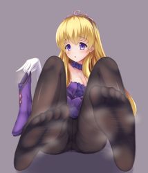 Rule 34 | 1girl, blonde hair, blush, boots, breasts, cleavage, feet, flower knight girl, foot focus, highres, janome erika (flower knight girl), long hair, looking at viewer, panties, pantyhose, pantyshot, parted lips, purple eyes, shoes, shoes removed, single shoe, soles, steam, toes, underwear
