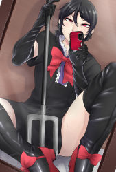 Rule 34 | 1girl, black dress, black gloves, black hair, black thighhighs, blush, bow, dress, dutch angle, elbow gloves, gloves, gradient background, highres, houjuu nue, looking at viewer, mary janes, nicutoka, polearm, red eyes, shoes, short hair, short sleeves, sitting, smile, solo, sweat, thighhighs, touhou, trident, weapon
