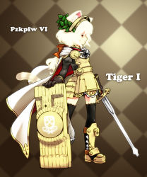 Rule 34 | 1girl, acea4, animal ears, armor, checkered background, cross, flat chest, iron cross, laurels, long hair, mecha musume, military, military vehicle, motor vehicle, original, personification, red eyes, shield, solo, sword, tail, tank, thighhighs, tiger ears, tiger i, tiger tail, vehicle, weapon, wehrmacht, white hair, world war ii