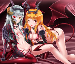Rule 34 | 2girls, :p, all fours, bare shoulders, blonde hair, breasts, cleavage, demon girl, demon tail, elbow gloves, gloves, gradient background, horns, kneeling, long hair, looking at viewer, lord of vermilion, lord of vermilion iii, mask, medium breasts, milia (lord of vermilion), multiple girls, navel, original, panties, pointy ears, red eyes, red legwear, shimo (depthbomb), short hair, side-tie panties, silver hair, single thighhigh, small breasts, tail, thighhighs, tongue, tongue out, underwear, untied panties, wings, yellow eyes
