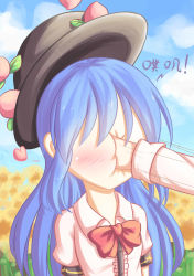 Rule 34 | 1girl, absurdres, blue hair, blush, bow, bowtie, dior-zi, dress, face punch, flower, food, fruit, gradient background, hat, heart, highres, hinanawi tenshi, in the face, long hair, masochism, peach, punching, solo focus, touhou