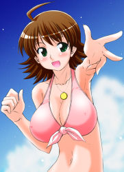 Rule 34 | 00s, 1girl, ahoge, awakened miki, bikini, breasts, brown hair, cleavage, collarbone, foreshortening, front-tie top, green eyes, hoshii miki, huge breasts, idolmaster, idolmaster (classic), idolmaster 1, jewelry, large breasts, navel, necklace, open mouth, outdoors, outstretched arm, outstretched hand, pink bikini, reaching, rikumoto yoshiyuki, short hair, sky, smile, solo, swimsuit