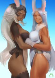 Rule 34 | 2girls, animal ears, artist logo, black dress, bodysuit, boku no hero academia, breasts, commentary, crossover, dark-skinned female, dark skin, dress, english commentary, female focus, final fantasy, final fantasy xii, fran (ff12), from side, gloves, gradient background, hands on another&#039;s waist, hands on another&#039;s wrists, heattech leotard, highleg, large breasts, long hair, looking at viewer, looking to the side, mirko, multiple girls, nextoad, orange eyes, ponytail, rabbit ears, rabbit girl, rabbit tail, simple background, smile, standing, tail, thighhighs, trait connection, turtleneck, very long hair, viera, white bodysuit, white gloves, white hair