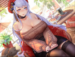 Rule 34 | 1girl, aran sweater, azur lane, bare shoulders, belfast (azur lane), belfast (shopping with the head maid) (azur lane), beret, black skirt, black thighhighs, blush, breasts, brown sweater, cable knit, cafe, cake, cat, chair, choker, cleavage, clothes pull, collarbone, cup, disposable cup, earrings, food, garter straps, gtunver, half-closed eyes, hat, head tilt, highres, hoop earrings, indoors, jewelry, large breasts, long hair, looking at viewer, multicolored eyes, off-shoulder sweater, off shoulder, open mouth, patreon logo, pencil skirt, purple eyes, red hat, silver hair, sitting, skirt, skirt pull, smile, solo, sweater, thighhighs, very long hair, window