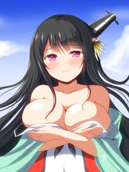Rule 34 | 10s, 1girl, alternate eye color, bare shoulders, black hair, blue sky, blush, breast hold, breast rest, breasts, casual one-piece swimsuit, cleavage, cloud, cloudy sky, collarbone, covered navel, crossed arms, day, deego (omochi bazooka), fusou (kancolle), hair ornament, headgear, highres, kantai collection, large breasts, long hair, looking at viewer, one-piece swimsuit, pink eyes, purple eyes, sky, smile, solo, swimsuit, upper body