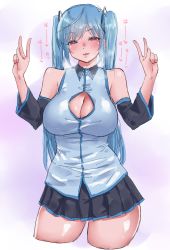 Rule 34 | 1girl, absurdres, bare shoulders, blue hair, blush, breasts, cleavage, cleavage cutout, clothing cutout, detached sleeves, double v, hatsune miku, highres, large breasts, long hair, looking at viewer, mole, mole under eye, parted lips, pleated skirt, red eyes, shiny skin, skirt, smile, solo, tamamf, thighs, twintails, v, vocaloid