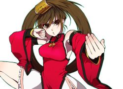 Rule 34 | 1girl, arc system works, bad id, bad pixiv id, breasts, brown eyes, brown hair, female focus, fighting stance, guilty gear, impossible clothes, impossible shirt, kuradoberi jam, long hair, momo uzura, shirt, simple background, solo, white background