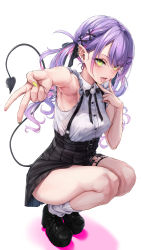 Rule 34 | 1girl, absurdres, armpits, belt, black belt, black footwear, black ribbon, breasts, collared shirt, commentary, demon tail, ear piercing, earrings, eyelashes, eyeshadow, fang, foreshortening, frilled sleeves, frills, full body, hair ornament, hair ribbon, hand up, highres, hololive, jewelry, kurofude anna, legs, looking at viewer, loose socks, makeup, medium breasts, miniskirt, multicolored hair, nail polish, neck ribbon, o-ring, o-ring thigh strap, official alternate costume, outstretched arm, parted bangs, piercing, pink hair, pink nails, pleated skirt, pointy ears, purple hair, ribbon, shadow, shiny skin, shirt, short sleeves, sidelocks, simple background, skirt, socks, solo, squatting, streaked hair, suspender skirt, suspenders, swept bangs, tail, tail ornament, tail piercing, thigh strap, thighs, tokoyami towa, tokoyami towa (jirai kei), tongue, tongue out, twintails, v, virtual youtuber, white background, white shirt, white socks, yellow eyes, yellow nails