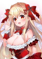 Rule 34 | 1girl, :d, absurdres, blonde hair, blush, bow, breasts, cleavage, commentary request, hair between eyes, hair bow, hair ornament, hand up, highres, large breasts, leoria (red corruption), long hair, looking at viewer, meito (maze), open mouth, red bow, red corruption, red eyes, red ribbon, ribbon, smile, solo, two side up, wrist cuffs