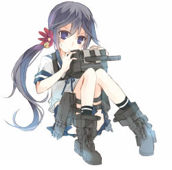 Rule 34 | 10s, 1girl, :t, akebono (kancolle), bell, flower, full body, hair bell, hair flower, hair ornament, jingle bell, kantai collection, long hair, looking at viewer, machinery, purple eyes, purple hair, side ponytail, sitting, solo, suzushiro kurumi, turret