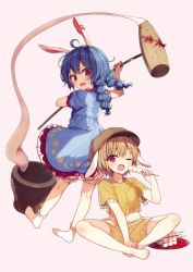 Rule 34 | 2girls, ahoge, animal ears, annoyed, arms up, barefoot, blonde hair, bloomers, blue dress, blue hair, blush, bowl, braid, breasts, brown headwear, crescent, crescent print, dango, dress, eyes visible through hair, flying, food, frills, from behind, hair between eyes, hammer, hand up, hands up, hat, highres, looking at another, looking back, looking down, looking to the side, medium breasts, medium hair, mochi, mochitsuki, multiple girls, no shoes, official art, one eye closed, open mouth, orange shorts, pink background, plate, puffy short sleeves, puffy sleeves, rabbit ears, red eyes, ringo (touhou), seiran (touhou), shirt, shnva, short hair, short sleeves, shorts, simple background, sitting, smile, socks, star (symbol), star print, strange creators of outer world, striped clothes, striped shorts, sweatdrop, t-shirt, third-party source, tongue, touhou, twin braids, underwear, wagashi, weapon, white legwear, yellow shirt