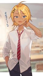 Rule 34 | 1boy, absurdres, artist request, blonde hair, blue eyes, classroom, dark-skinned male, dark skin, earrings, gyaruo, hair ornament, hairclip, happy, highres, jewelry, looking at viewer, necktie, original, pants, red necktie, shirt, short hair, signature, smile, solo, source request, standing, tan, translation request, white shirt