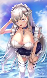 Rule 34 | 1girl, absurdres, arm behind head, artist name, azur lane, belfast (azur lane), blue eyes, blue sky, braid, breasts, cleavage, collarbone, feet out of frame, french braid, hand on own knee, highres, huge breasts, large breasts, leaning forward, long hair, looking at viewer, maid, maid headdress, misa pika, nail polish, ocean, on water, open mouth, red nails, silver hair, sky, smile, solo, standing, thighhighs, water, white thighhighs