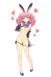 Rule 34 | 1girl, :q, bad id, bad pixiv id, black gloves, black panties, blue eyes, breasts, cleft of venus, collar, contrapposto, elbow gloves, fantasy earth zero, flower, full body, gloves, heart, heart-shaped pupils, henshitai (user cuvp2733), highres, long hair, looking at viewer, medium breasts, navel, nipples, panties, panty pull, pink hair, purple flower, pussy, side-tie panties, solo, standing, string panties, symbol-shaped pupils, tongue, tongue out, twintails, underwear, white background