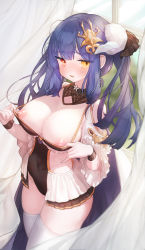 Rule 34 | 1girl, areola slip, bare shoulders, blunt bangs, blush, breasts, clothing cutout, covered navel, cowboy shot, curtains, day, detached collar, dress, flashing, frilled sleeves, frills, hair ornament, heterochromia, highres, horns, kuzel (bonolangje), large breasts, legs together, long hair, long sleeves, looking at viewer, microdress, nipple slip, nipples, open mouth, original, pulled by self, purple hair, red eyes, shoulder cutout, skindentation, solo, standing, strap pull, sweatdrop, thighhighs, twintails, white horns, white thighhighs, wide sleeves, window, wrist cuffs, yellow eyes