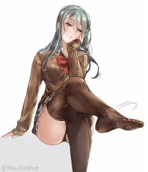 Rule 34 | 1girl, aqua eyes, aqua hair, ascot, black panties, blazer, blush, bow, bowtie, breasts, brown skirt, brown thighhighs, cardigan, closed mouth, eyebrows, feet, grin, hair between eyes, hair ornament, hairclip, jacket, juurouta, kantai collection, large breasts, long hair, long sleeves, looking at viewer, no shoes, open cardigan, open clothes, panties, pleated skirt, red bow, remodel (kantai collection), school uniform, simple background, sitting, skirt, smile, solo, suzuya (kancolle), thighhighs, toes, twitter username, underwear, white background