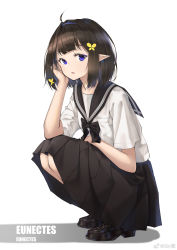 Rule 34 | 1girl, ahoge, alternate costume, arknights, black collar, black footwear, black hair, black skirt, blue eyes, blue hairband, butterfly hair ornament, character name, chinese commentary, collar, eunectes (arknights), full body, hair ornament, hairband, head rest, highres, looking at viewer, no tail, open mouth, pleated skirt, pointy ears, school uniform, shirt, shoes, short hair, simple background, sin., skirt, solo, squatting, weibo watermark, white background, white shirt