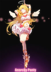 Rule 34 | 1girl, armpits, blonde hair, blue eyes, character name, choker, closed mouth, cross-laced footwear, detached wings, frilled skirt, frills, halo, heart, highres, long hair, nail polish, panty &amp; stocking with garterbelt, panty (psg), pole, pole dancing, skirt, skirt set, solo, toenail polish, toenails, tss-mire, very long hair, wings