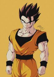 Rule 34 | 1boy, absurdres, black eyes, black wristband, dragon ball, highres, looking at viewer, orange background, potential unleashed, serious, smirk, solo, son gohan, standing, tagme, ultimate gohan