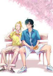 Rule 34 | 1boy, 1girl, absurdres, ajiro shinpei, artist name, bench, black hair, blonde hair, blue shirt, chopsticks, closed eyes, commentary, day, eating, english commentary, facing another, facing viewer, food, highres, jewelry, kofune ushio, long hair, necklace, nikoma2211, outdoors, shell, shell necklace, shirt, shoes, short sleeves, shorts, sitting, sneakers, summertime render, takoyaki, white shorts, yellow shirt