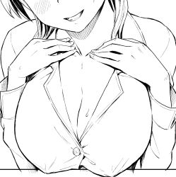 Rule 34 | 1girl, blush, breast focus, breasts, cleavage, covered erect nipples, greyscale, grin, hands on own chest, head out of frame, highres, large breasts, monochrome, original, parted lips, shirt, smile, solo, upper body, utu (ldnsft)