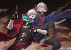 Rule 34 | 2boys, belt bra, black gloves, blue eyes, blue rose (gun), coat, dante (devil may cry), devil may cry, devil may cry (series), devil may cry 4, ebony &amp; ivory, facial hair, fingerless gloves, gloves, gun in mouth, highres, holding, hood, male focus, multiple boys, muscular, muscular male, nero (devil may cry), red coat, smile, trench coat, uncle and nephew, weapon, weibo 3893749281, white hair