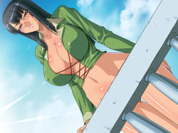 Rule 34 | 1girl, black hair, blush, bottomless, breasts, brown eyes, censored, cleavage, cloud, convenient censoring, day, huge breasts, kagami hirotaka, lace up front, navel, nico robin, nude illusion, one piece, sky, solo