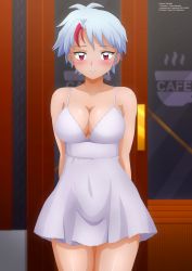 Rule 34 | 1girl, absurdres, arms behind back, blue hair, blush, breasts, cleavage, collarbone, door, dress, han&#039;you no yashahime, highres, higurashi towa, inuyasha, large breasts, looking at viewer, multicolored hair, red eyes, red hair, short hair, sleeveless, sleeveless dress, smile, standing, streaked hair, two-tone hair, white dress, window, zel-sama