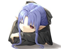 Rule 34 | 1girl, black bow, blue hair, bow, chiizu ore, hair bow, highres, len (tsukihime), long hair, long sleeves, looking at viewer, one eye closed, parted bangs, pointy ears, simple background, solo, tsukihime, upper body, white background
