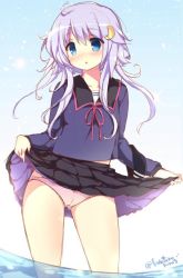 Rule 34 | 10s, 1girl, bad id, bad twitter id, blue eyes, blush, bow, bow panties, breasts, cameltoe, cleft of venus, clothes lift, crescent, crescent hair ornament, hair ornament, kantai collection, looking at viewer, panties, partially submerged, pink panties, purple hair, school uniform, serafuku, short hair with long locks, sidelocks, skirt, skirt lift, small breasts, underwear, upskirt, watanon (gakushokutei), yayoi (kancolle)