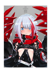 Rule 34 | 1girl, :o, admiral graf spee (azur lane), azur lane, belt, belt buckle, blue eyes, blush, border, breasts, buckle, claw (weapon), cross, grey background, hands up, highres, iron cross, kazuma muramasa, looking at viewer, multicolored hair, o-ring, parted lips, red hair, red scarf, revealing clothes, scarf, short hair, silver hair, simple background, small breasts, solo, streaked hair, underboob, upper body, weapon, white border