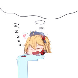 Rule 34 | 1girl, admiral hipper (azur lane), azur lane, blonde hair, blush stickers, chibi, commentary, drooling, english commentary, closed eyes, heart, open mouth, saliva, simple background, sleeping, solo, sonaworld, thought bubble, wavy mouth, white background, zzz
