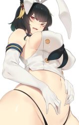 Rule 34 | 1girl, bacius, bare shoulders, black hair, black panties, blush, breasts, cosplay, covered erect nipples, crop top, elbow gloves, gesugao, gloves, hair ornament, hair ribbon, hairband, half-closed eyes, highleg, highleg panties, highres, kantai collection, large breasts, looking at viewer, navel, open mouth, panties, red eyes, ribbon, shimakaze (kancolle), shimakaze (kancolle) (cosplay), short hair, simple background, skindentation, skirt, solo, thong, underwear, v-shaped eyebrows, white background, white gloves, white ribbon, yamashiro (kancolle)