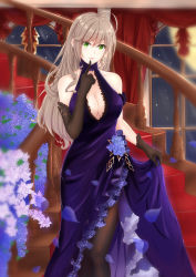 Rule 34 | 1girl, absurdres, ahoge, asymmetrical gloves, bare shoulders, black gloves, black pantyhose, blonde hair, blue dress, blurry vision, breasts, cleavage, clothes lift, dress, dress flower, dress lift, earrings, finger to mouth, flower, gloves, green eyes, highres, hiroshi (2443303124), jewelry, long hair, looking at viewer, medium breasts, missouri (warship girls r), open mouth, pantyhose, simple background, solo, stairs, star (symbol), star earrings, thighhighs, uneven gloves, warship girls r
