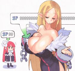 2girls blonde_hair bow breast_envy breasts chain chibi cleavage closed_eyes cowboy_shot demon_girl disgaea dress frilled_dress frills fur-trimmed_dress fur_trim healer_(disgaea) highres huge_breasts inkerton-kun long_hair mage_(disgaea) multiple_girls off-shoulder_dress off_shoulder parted_hair pink_hair pointy_ears red_eyes side_slit very_long_hair white_bow