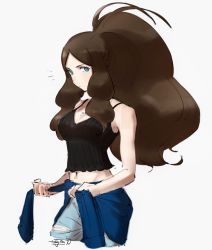 Rule 34 | 1girl, aged up, antenna hair, bare arms, blue eyes, breasts, brown hair, cleavage, closed mouth, clothes around waist, commentary, creatures (company), denim, english commentary, eyelashes, game freak, hazel0217, high ponytail, highres, hilda (pokemon), holding, jeans, long hair, looking at viewer, navel, nintendo, pants, pokemon, pokemon bw, shirt, sidelocks, signature, sketch, solo, torn clothes, torn jeans, torn pants