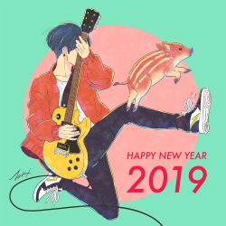 Rule 34 | 1boy, 2019, black hair, black pants, cable, chinese zodiac, circle, covering face, dated, earrings, electric guitar, full body, gibson les paul, guitar, happy new year, holding guitar, holding instrument, instrument, jacket, jewelry, long sleeves, male focus, new year, original, pants, red jacket, shirt, shoes, signature, solo, takigraphic, white shirt, year of the pig