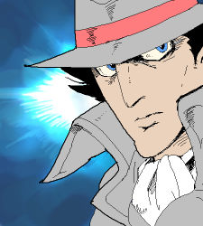 Rule 34 | 1980s (style), 1boy, black hair, blue background, blue eyes, close-up, coat, cyborg, dic entertainment, fedora, gadget, gradient background, grey coat, grey hat, hat, inspector gadget, looking at viewer, lowres, male focus, oekaki, oldschool, retro artstyle, simple background, solo, trench coat, white neckwear