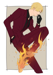 Rule 34 | 1boy, black gloves, black shirt, blonde hair, blue eyes, cowboy shot, facial hair, fire, formal, gloves, hand in pocket, jacket, leg up, looking at viewer, male focus, mustache, one piece, pants, profile, rami rz, rectangle, red jacket, red pants, sanji (one piece), shirt, short hair, solo, suit, thai commentary